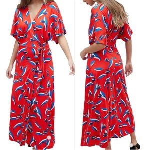 Whistles Tulip Floral Wrap Maxi Dress Red Sz 4 Short Sleeve Stretch Jersey